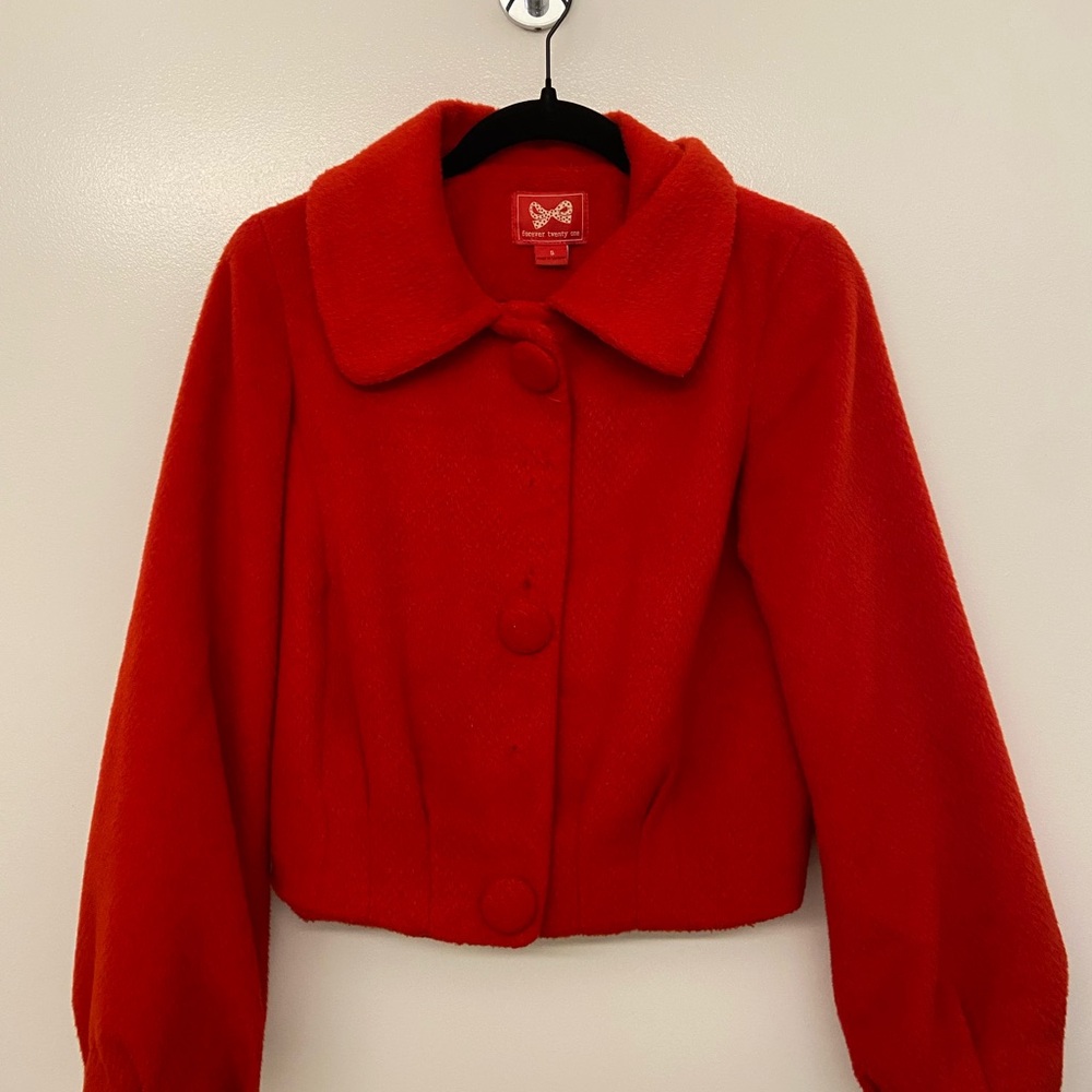 Forever 21 Red Teddy Jacket with Cozy Collar and Cropped Fit